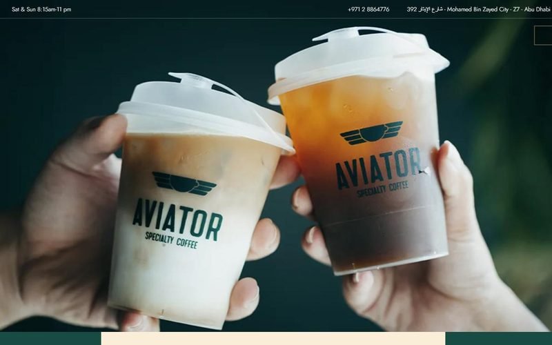 Aviator Cafe — WordPress specialty coffee website built by freelance developer Vinith Kumar in Dubai, UAE