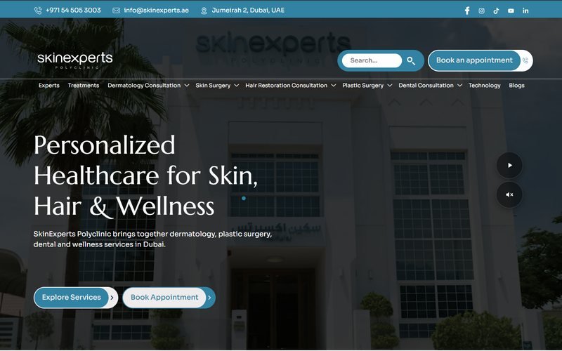 Skin Experts — WordPress skincare clinic website built by freelance developer Vinith Kumar in Dubai, UAE