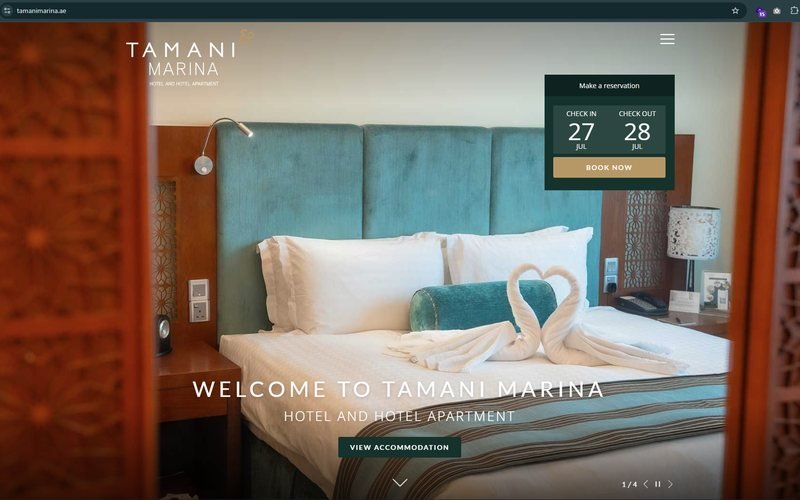 Tamani Marina — WordPress hotel and serviced apartments website built by freelance developer Vinith Kumar in Dubai, UAE